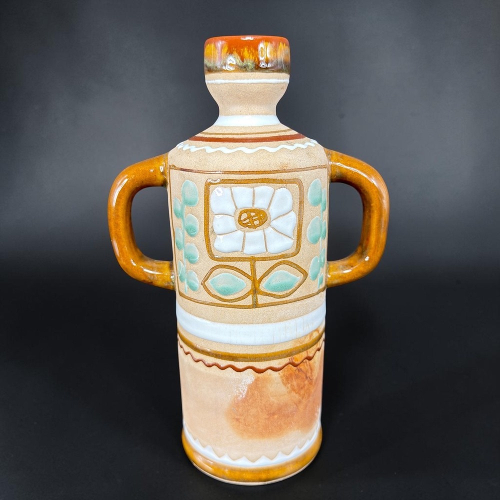 Handmade Folk Art Pottery Vase Double Handle Flower Amber Glaze 9in